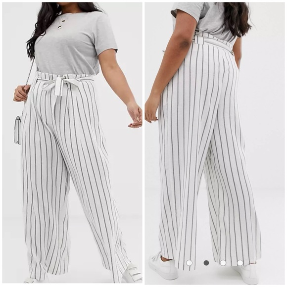 ASOS Linen Blend Paperbag Tie Waist Straight Leg Pants Size 14 Striped - Picture 1 of 11